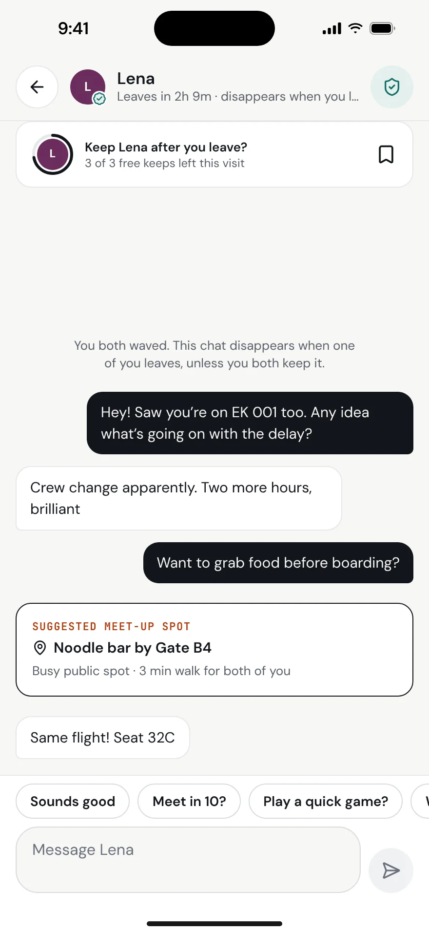 Chat with Lena including a suggested meet-up spot by Gate B4