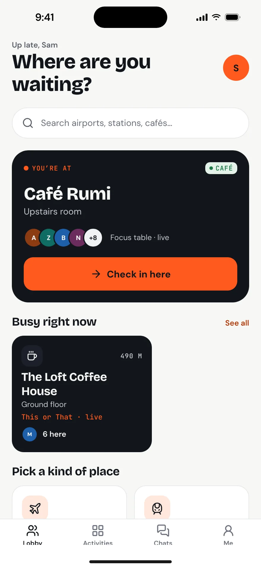 Home screen asking “Where are you waiting?” with Café Rumi suggested