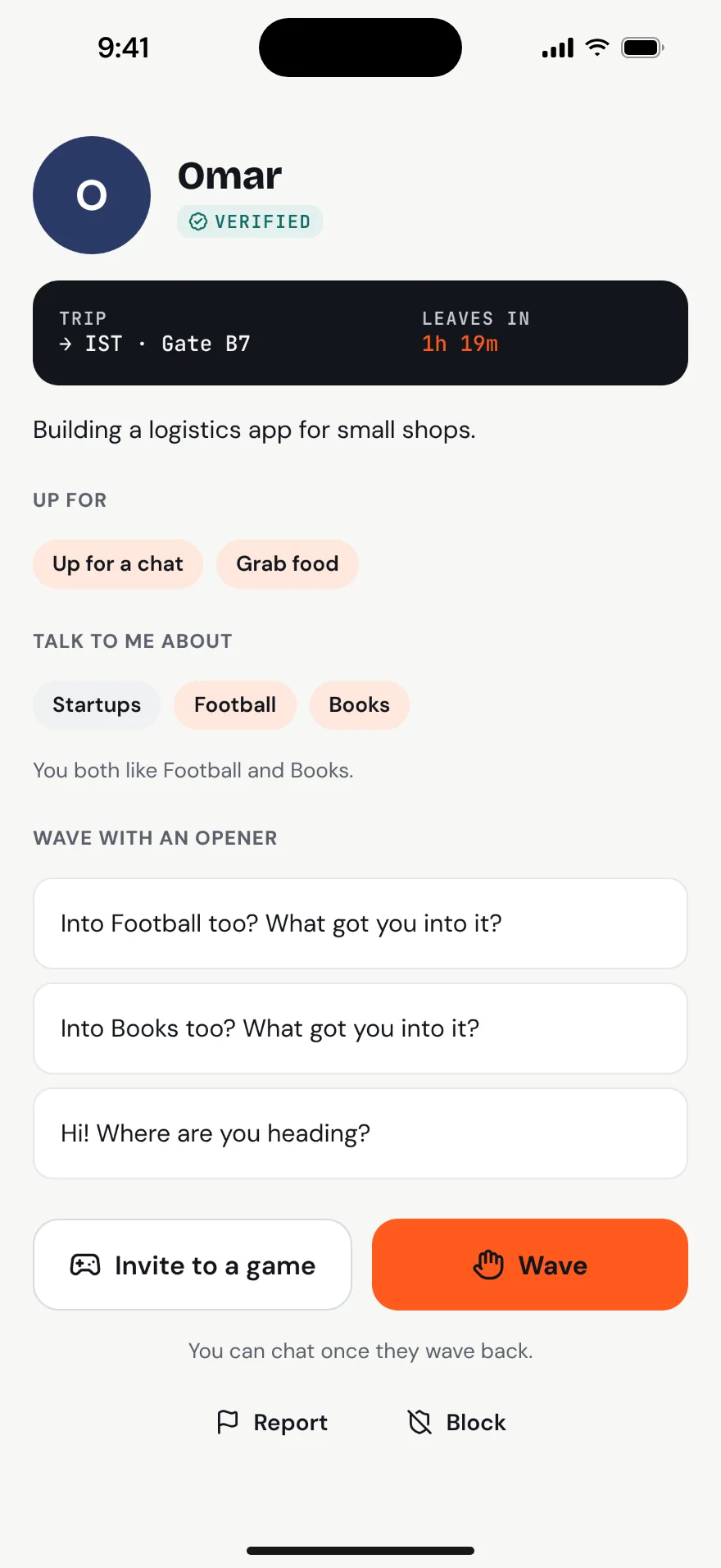 Omar’s profile with conversation openers and a Wave button