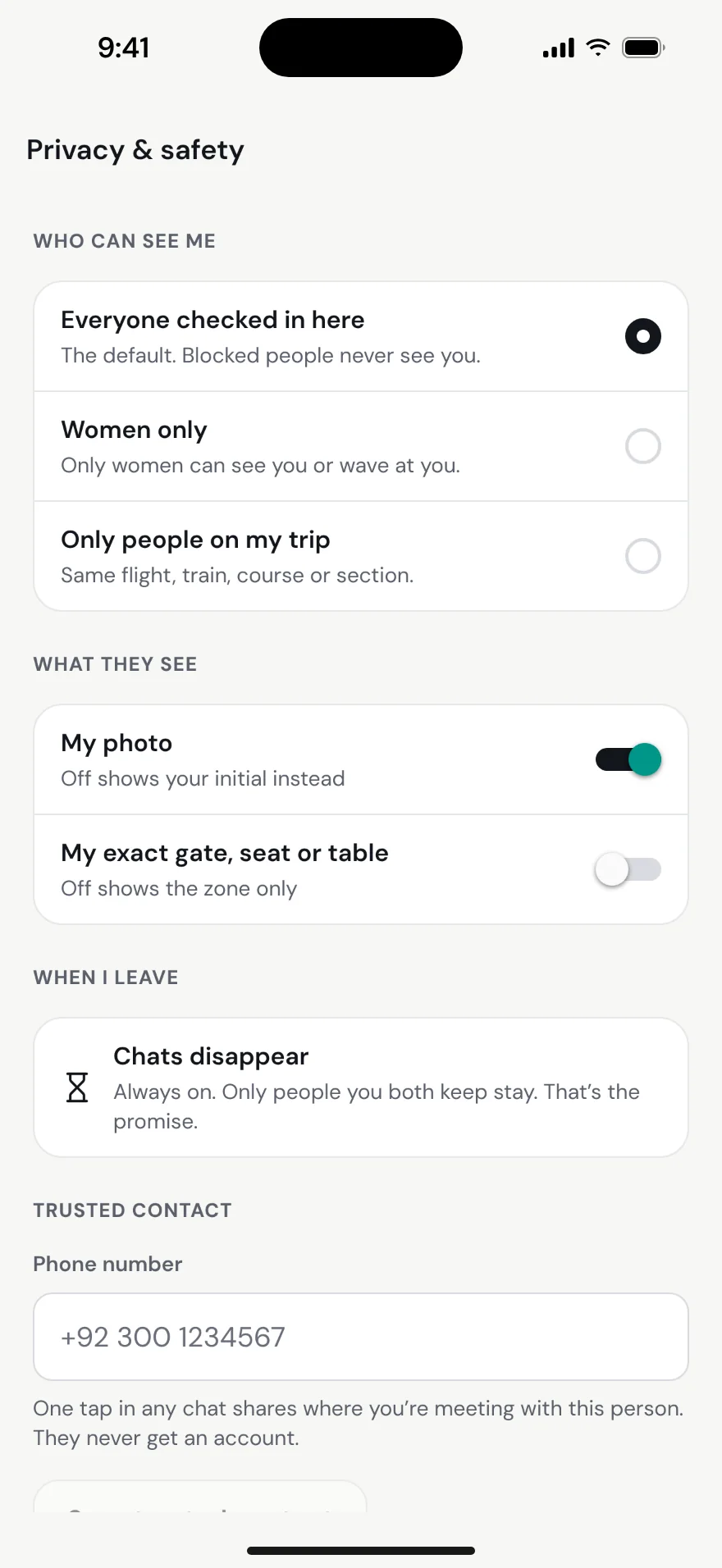 Privacy and safety settings: who can see me, women only, trusted contact